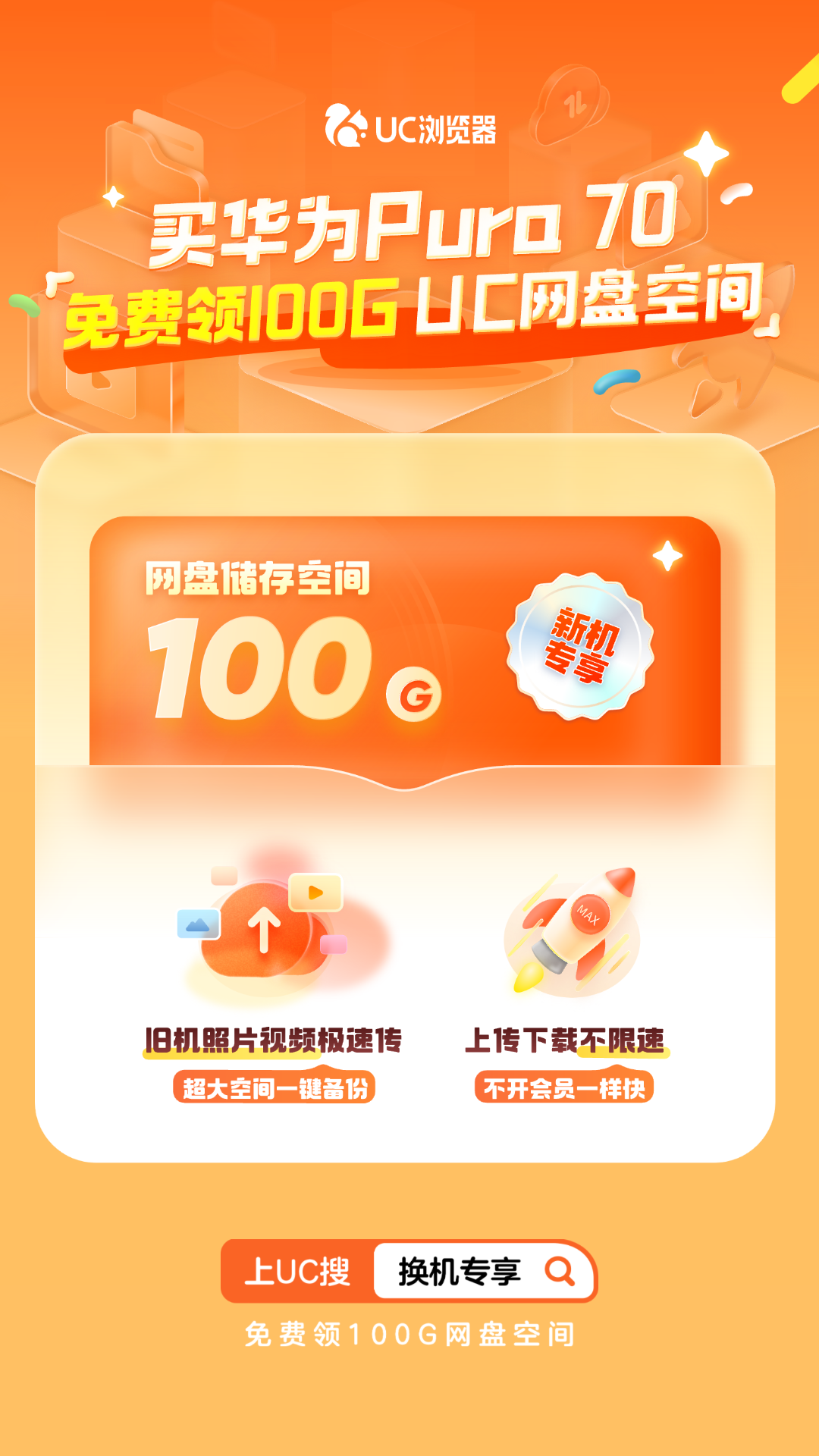 华为pura70用户专享福利！免费uc网盘100g空间让“手机搬家”更省心